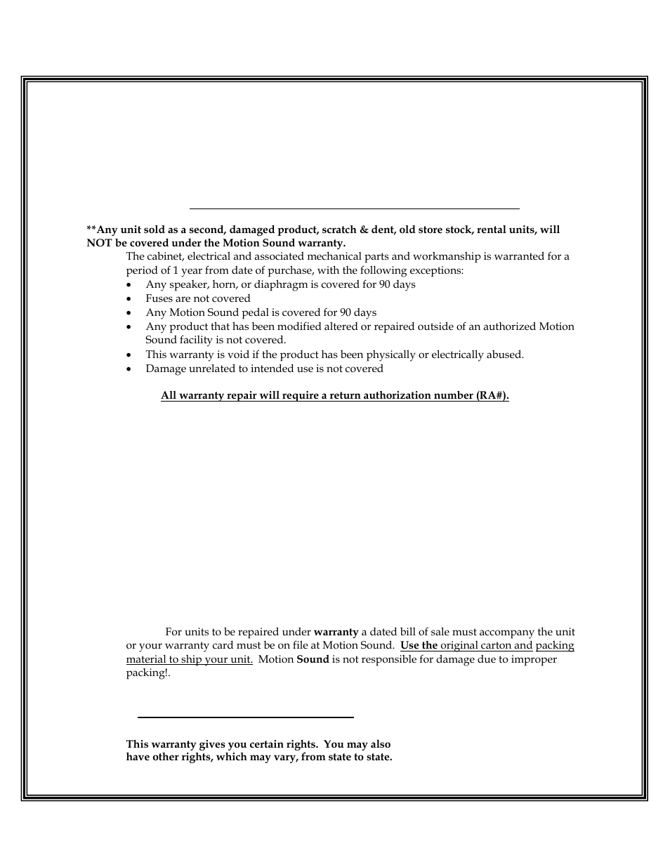 Motion sound service and warranty | Motion Sound KP-500SN User Manual | Page 6 / 6
