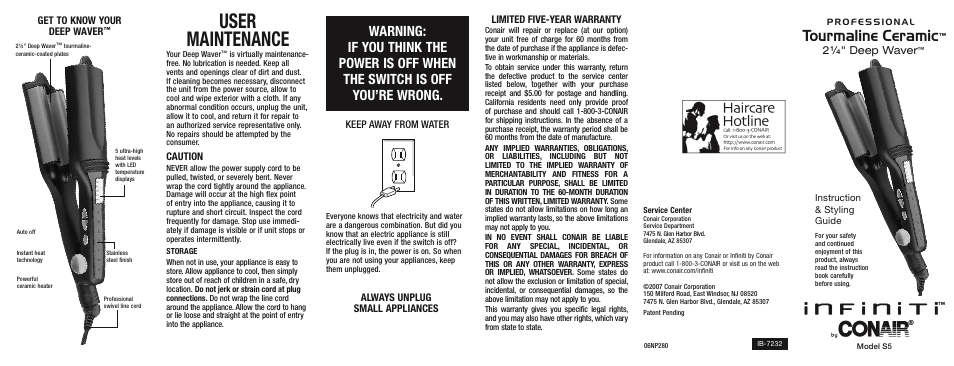 User maintenance, Tourmaline ceramic, 2¼" deep waver | Keep away from water, Always unplug small appliances, Caution, Limited five-year warranty, Get to know your deep waver | Conair S5 User Manual | Page 2 / 2