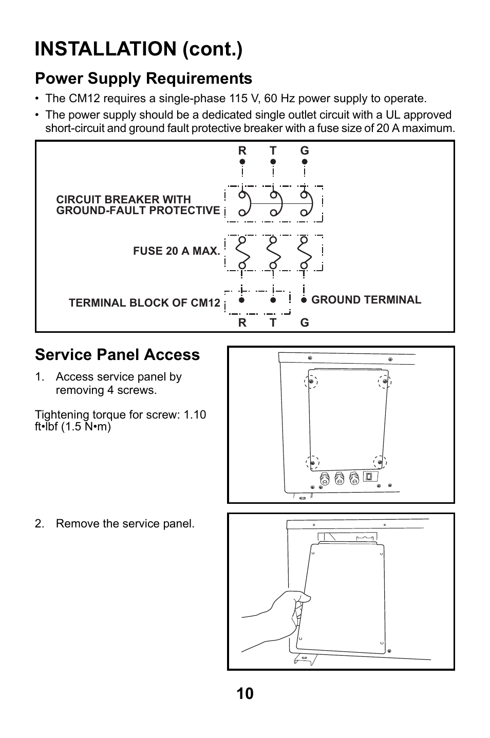 Power supply requirements, Service panel access, Power supply requirements service panel access | Installation (cont.) | MovinCool CM12 User Manual | Page 10 / 24