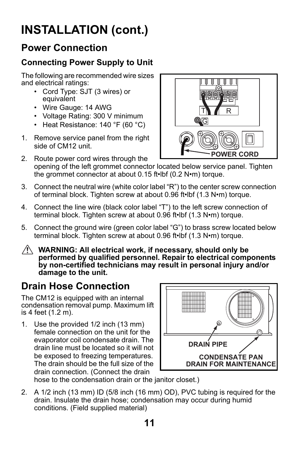 Power connection, Connecting power supply to unit, Drain hose connection | Power connection drain hose connection, Installation (cont.) | MovinCool CM12 User Manual | Page 11 / 24