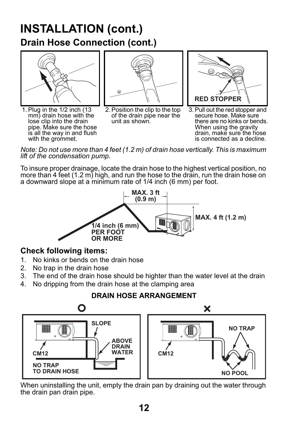 Check following items, Installation (cont.), Drain hose connection (cont.) | MovinCool CM12 User Manual | Page 12 / 24