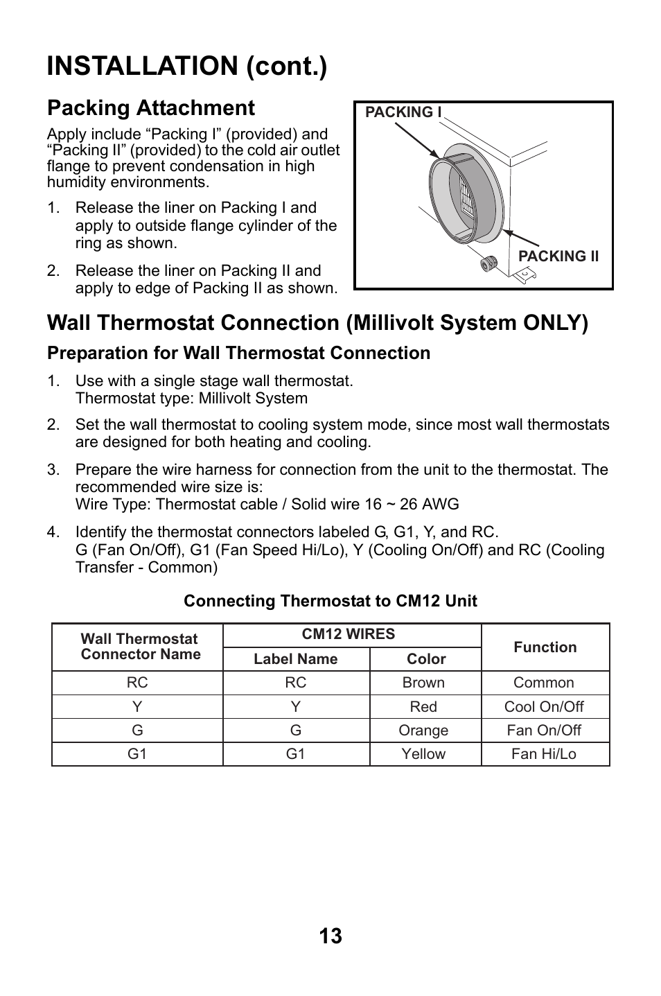 Packing attachment, Wall thermostat connection (millivolt system only), Preparation for wall thermostat connection | Installation (cont.) | MovinCool CM12 User Manual | Page 13 / 24