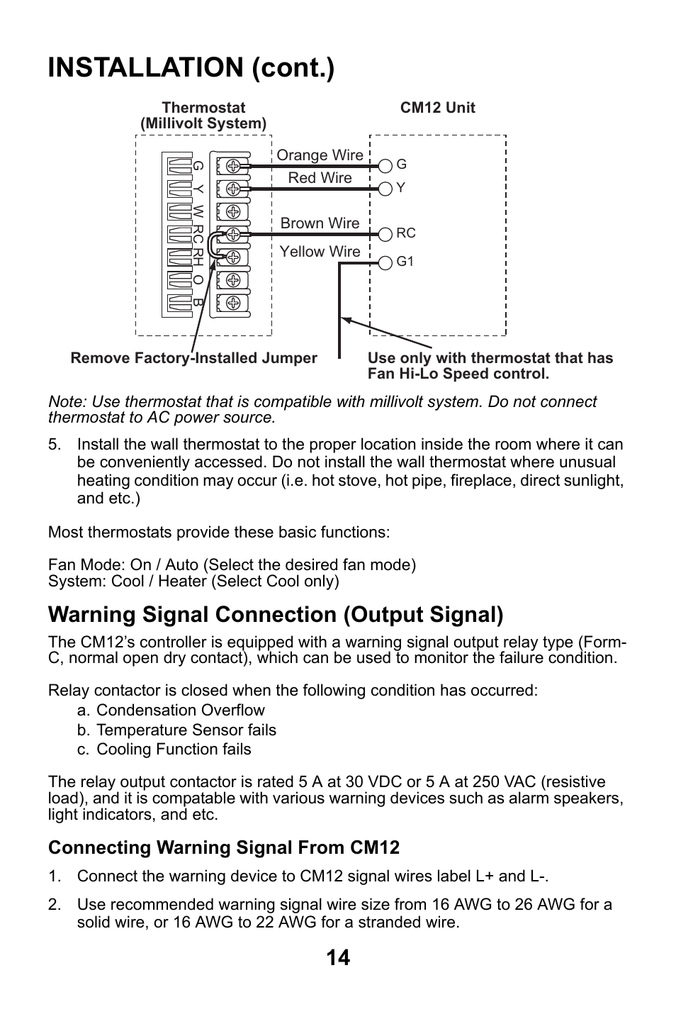 Warning signal connection (output signal), Connecting warning signal from cm12, Installation (cont.) | MovinCool CM12 User Manual | Page 14 / 24