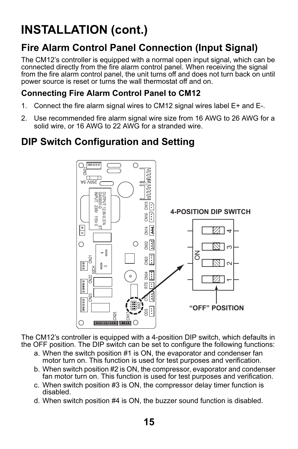 Fire alarm control panel connection (input signal), Connecting fire alarm control panel to cm12, Dip switch configuration and setting | Installation (cont.) | MovinCool CM12 User Manual | Page 15 / 24