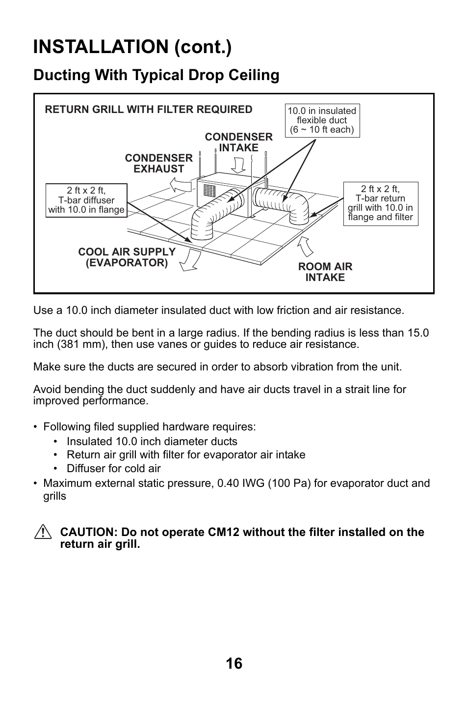 Ducting with typical drop ceiling, Installation (cont.) | MovinCool CM12 User Manual | Page 16 / 24