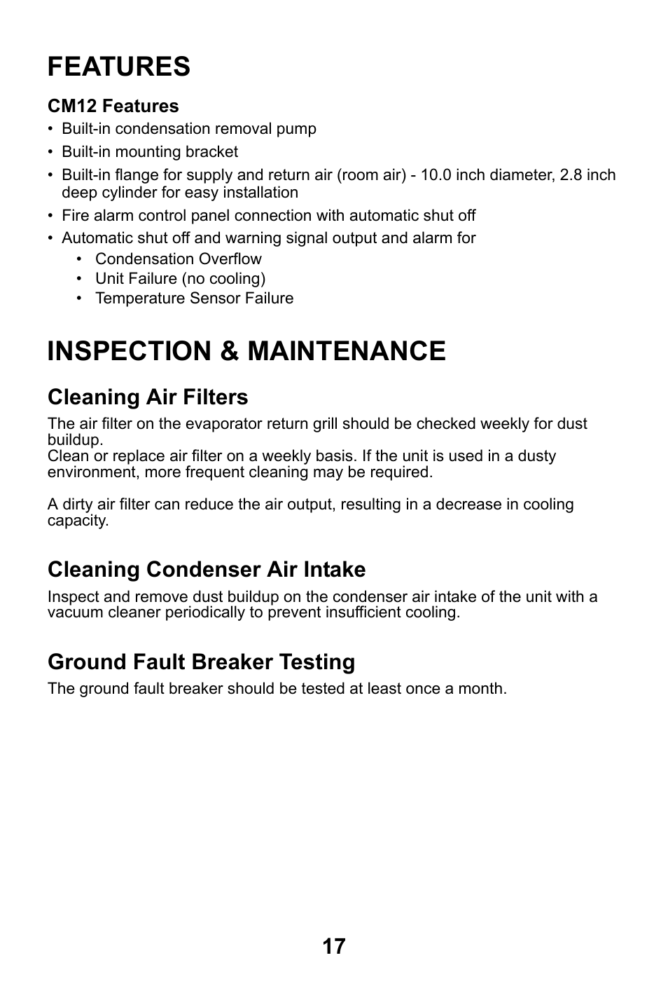 Features, Cm12 features, Inspection & maintenance | Cleaning air filters, Cleaning condenser air intake, Ground fault breaker testing, Features inspection & maintenance | MovinCool CM12 User Manual | Page 17 / 24