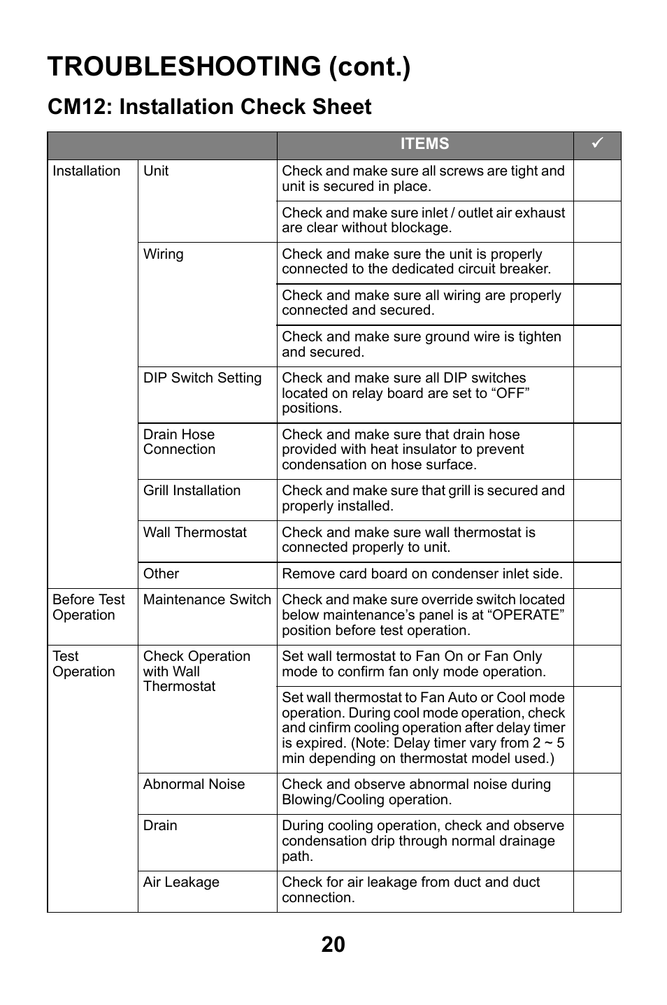 Cm12: installation check sheet, Troubleshooting (cont.) | MovinCool CM12 User Manual | Page 20 / 24