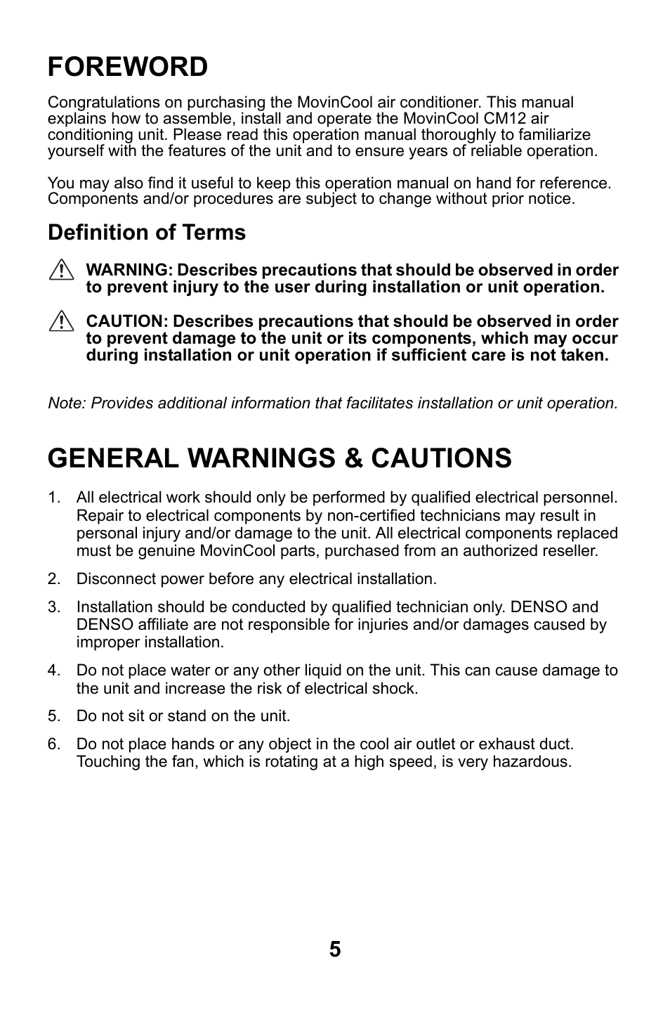 Foreword, Definition of terms, General warnings & cautions | MovinCool CM12 User Manual | Page 5 / 24