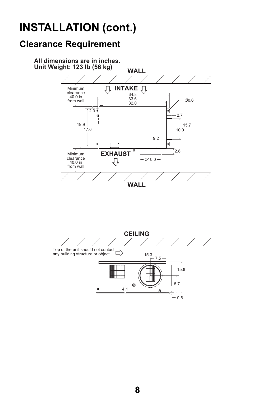 Clearance requirement, Installation (cont.) | MovinCool CM12 User Manual | Page 8 / 24
