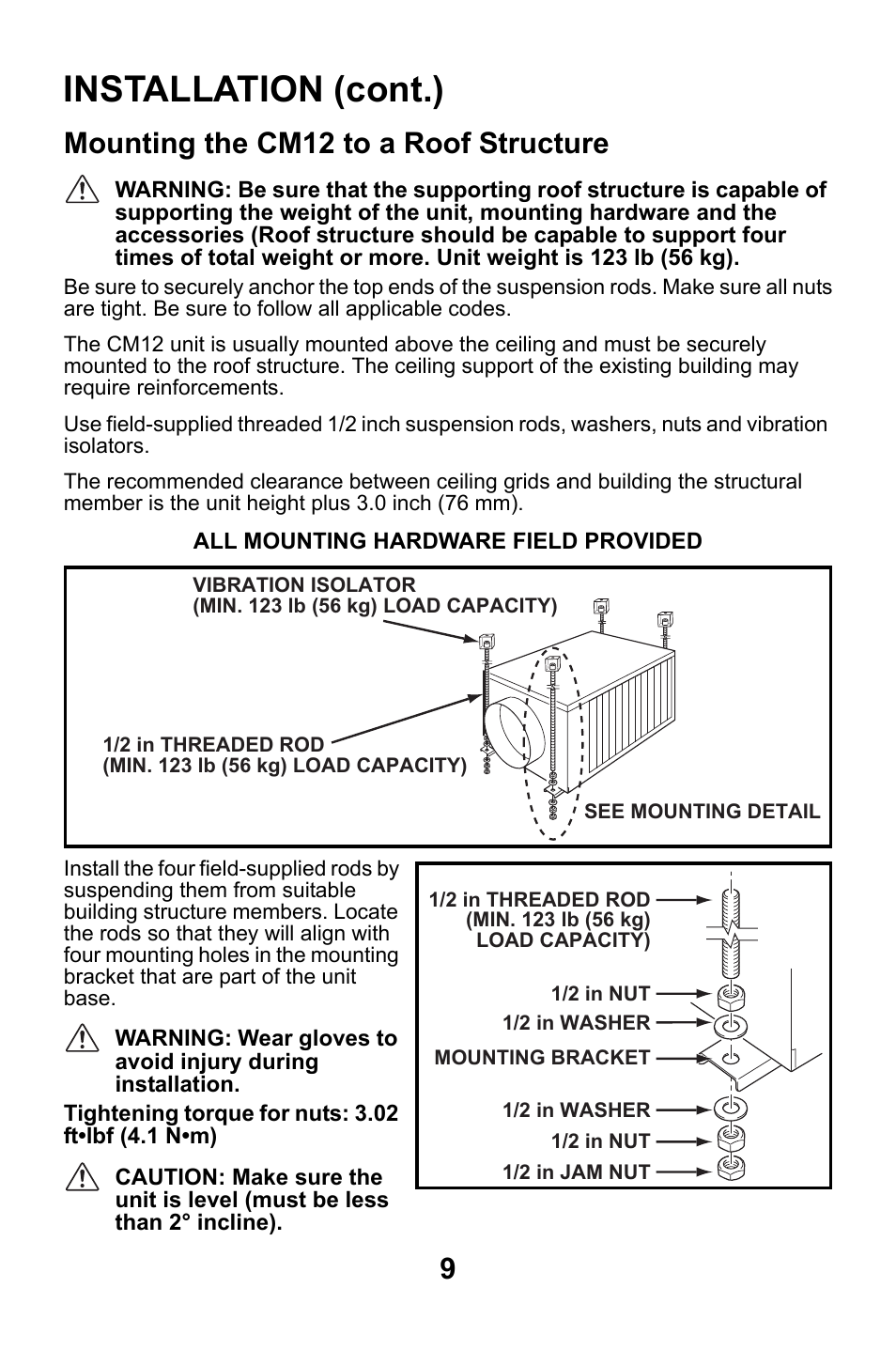 Mounting the cm12 to a roof structure, Installation (cont.) | MovinCool CM12 User Manual | Page 9 / 24