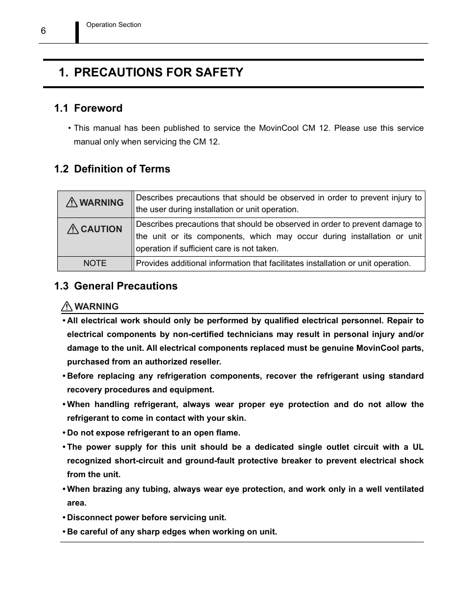 Operation section, Precautions for safety, 1 foreword | 2 definition of terms, 3 general precautions, Foreword, Definition of terms, General precautions | MovinCool CM12 Service Manual User Manual | Page 6 / 73