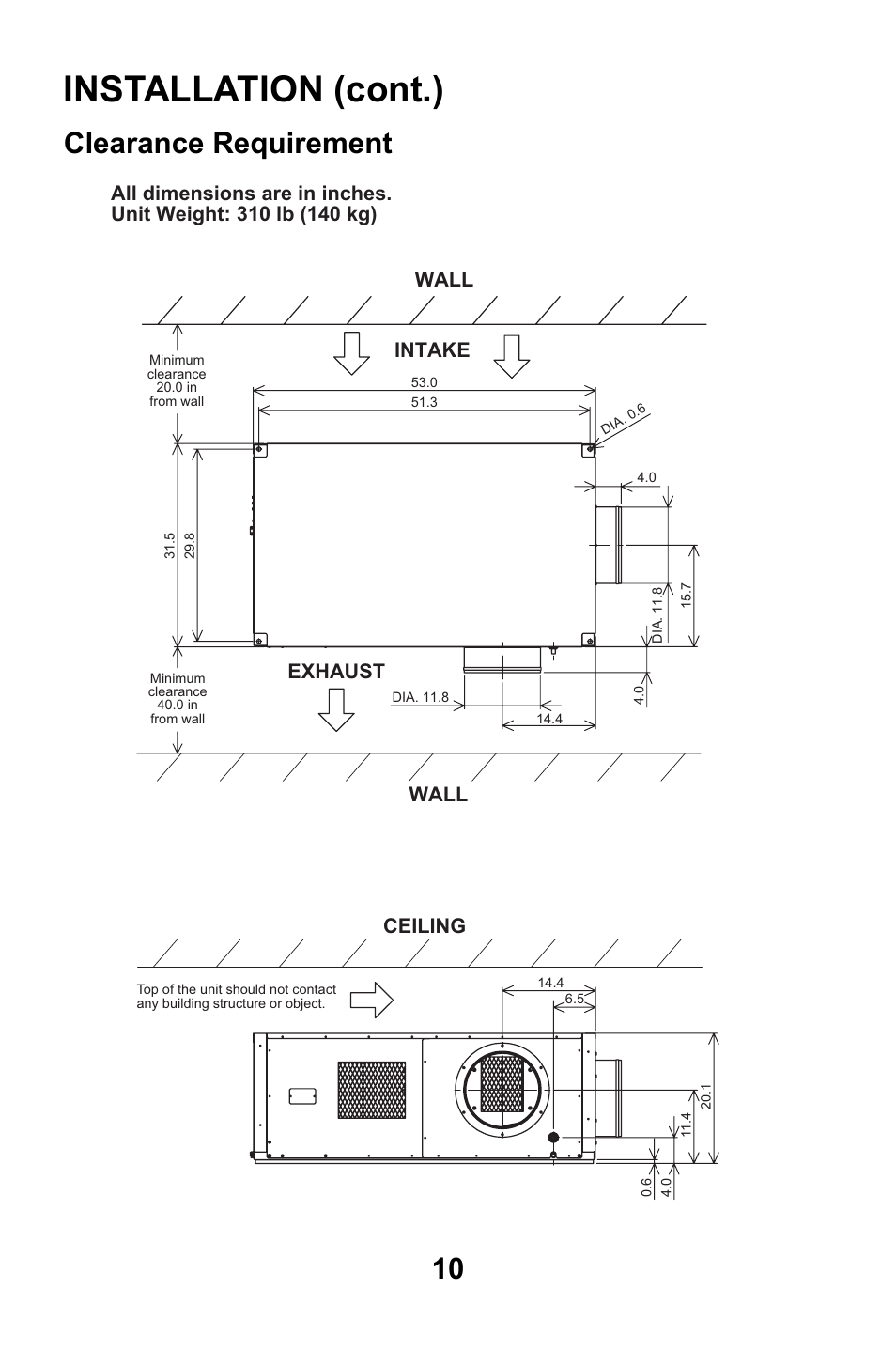 Clearance requirement, Installation (cont.), Wall intake | Exhaust ceiling, Wall | MovinCool CM25 User Manual | Page 10 / 60