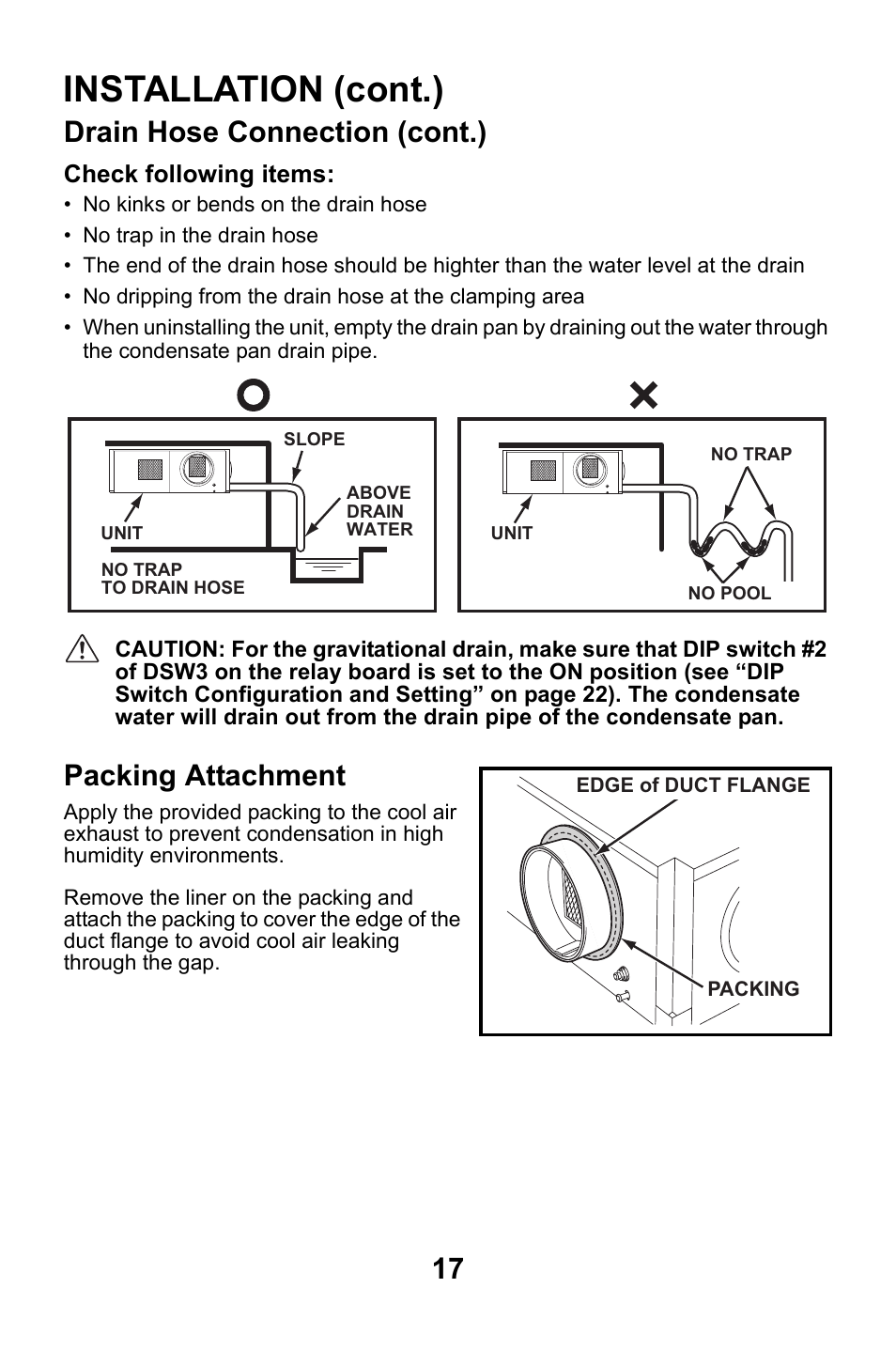 Packing attachment, Installation (cont.), Drain hose connection (cont.) | MovinCool CM25 User Manual | Page 17 / 60