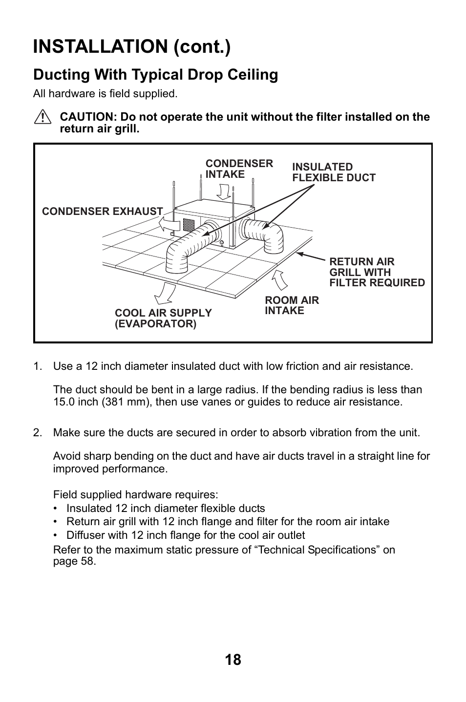Ducting with typical drop ceiling, Installation (cont.) | MovinCool CM25 User Manual | Page 18 / 60