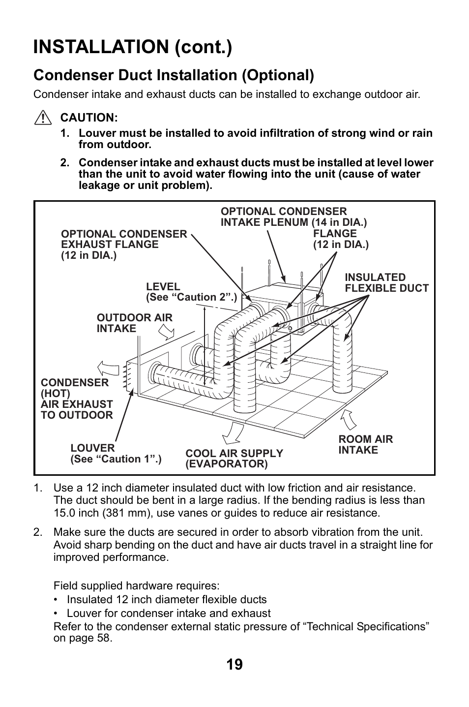 Condenser duct installation (optional), Installation (cont.) | MovinCool CM25 User Manual | Page 19 / 60