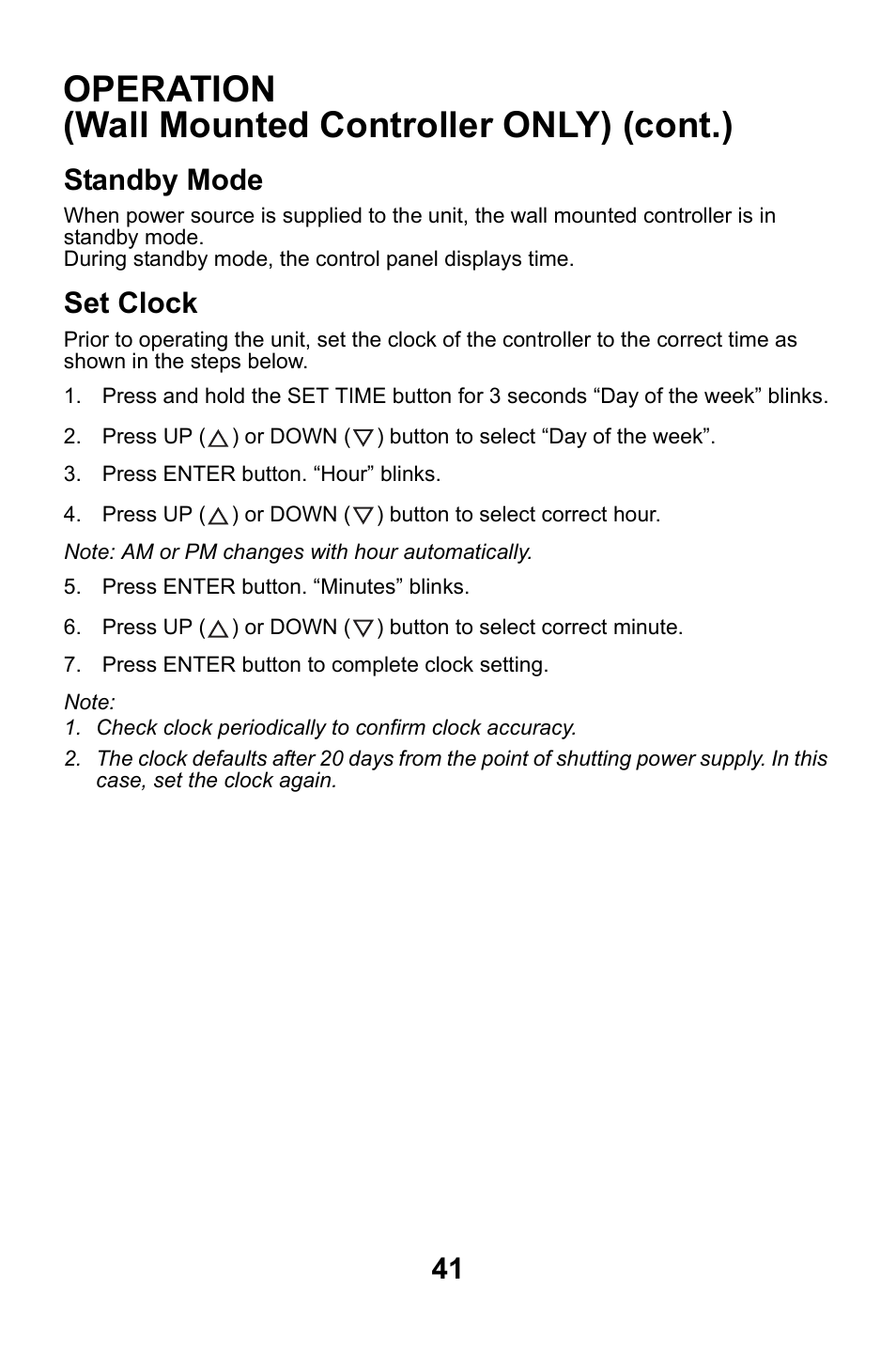 Standby mode, Set clock, Standby mode set clock | Operation (wall mounted controller only) (cont.) | MovinCool CM25 User Manual | Page 41 / 60