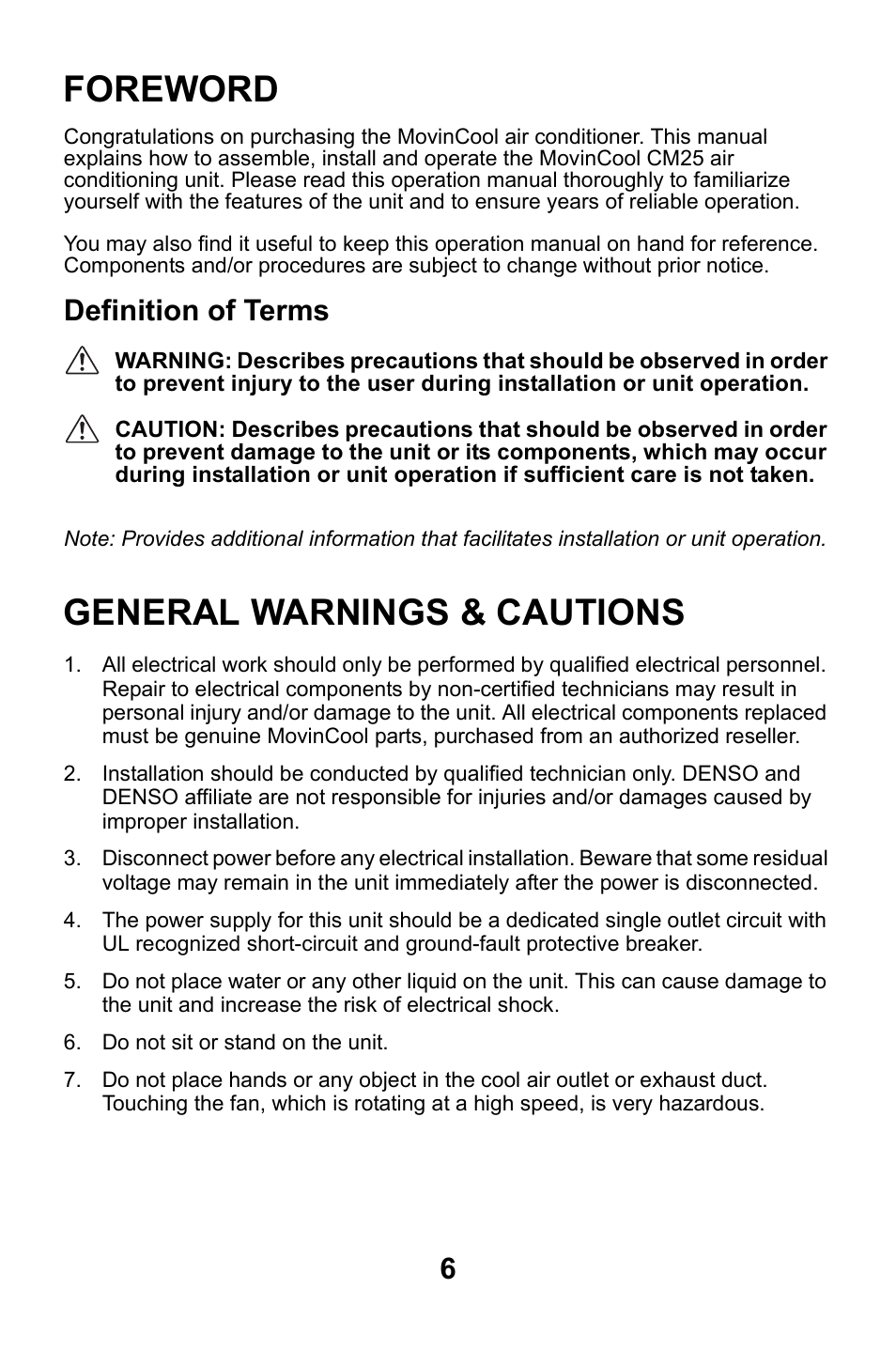 Foreword, Definition of terms, General warnings & cautions | MovinCool CM25 User Manual | Page 6 / 60