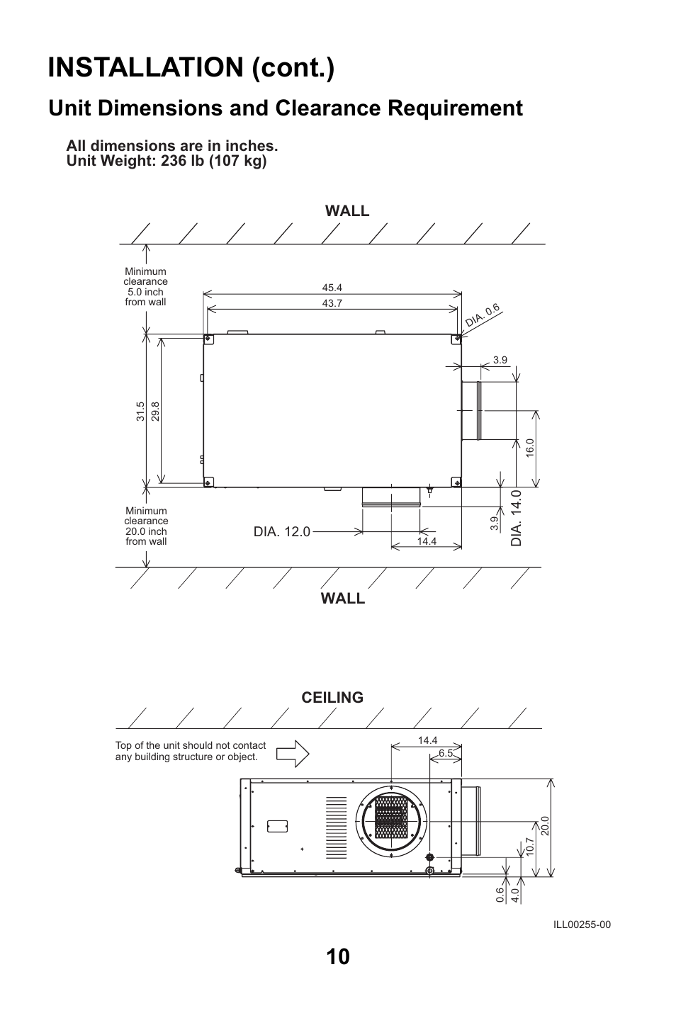 Unit dimensions and clearance requirement, Installation (cont.), Wall | Ceiling | MovinCool CMW30 User Manual | Page 10 / 63