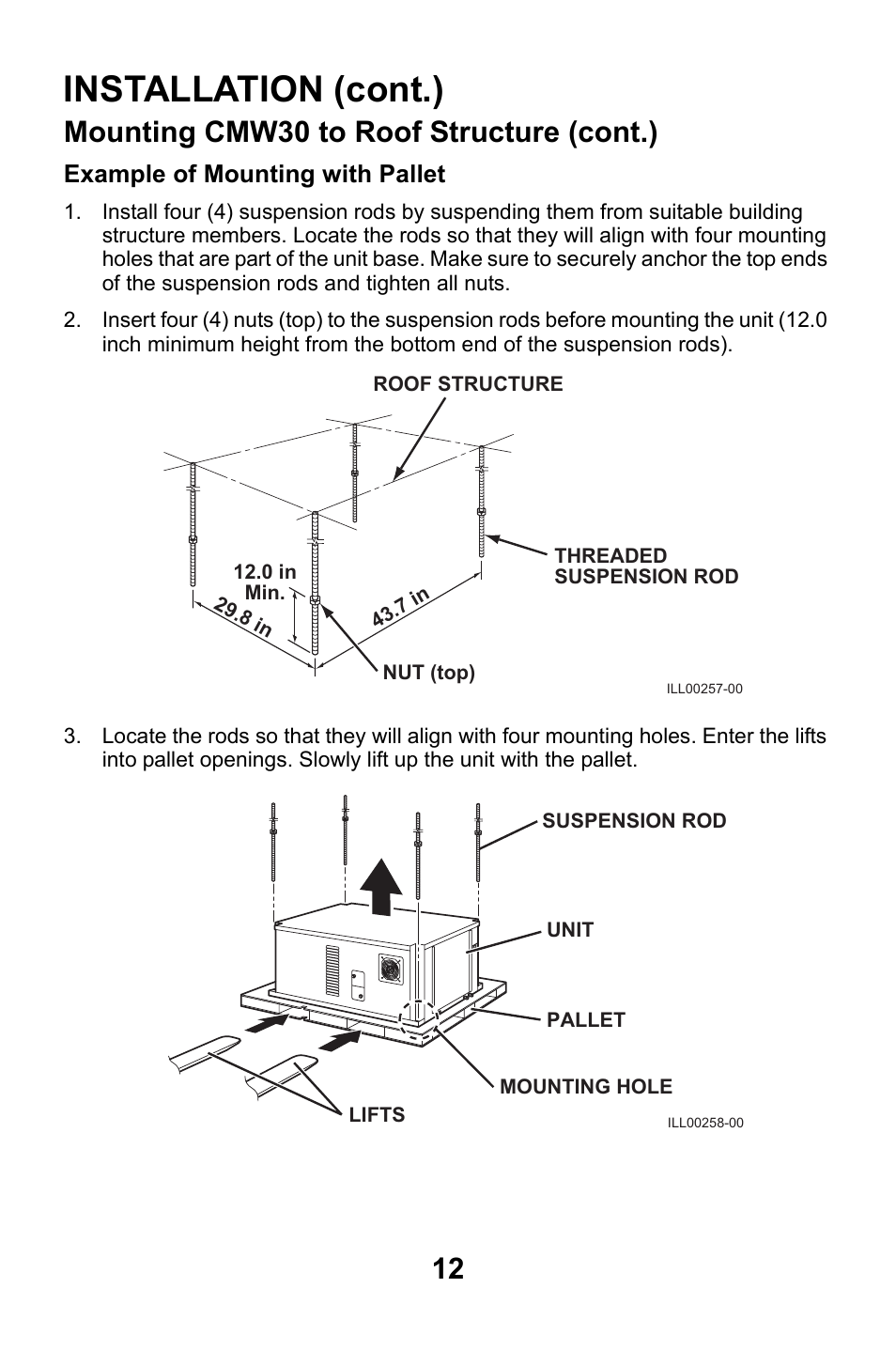 Installation (cont.), Mounting cmw30 to roof structure (cont.), Example of mounting with pallet | MovinCool CMW30 User Manual | Page 12 / 63