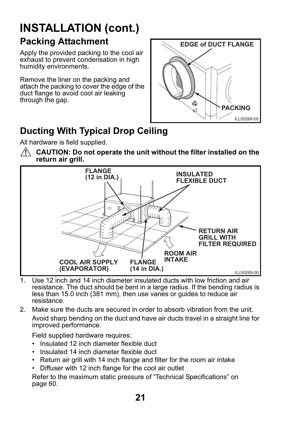 Packing attachment, Ducting with typical drop ceiling, Installation (cont.) | MovinCool CMW30 User Manual | Page 21 / 63