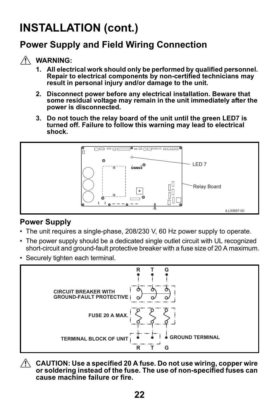 Power supply and field wiring connection, Installation (cont.), Power supply | MovinCool CMW30 User Manual | Page 22 / 63