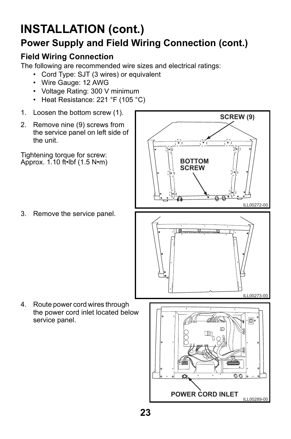 Installation (cont.), Power supply and field wiring connection (cont.), Field wiring connection | MovinCool CMW30 User Manual | Page 23 / 63