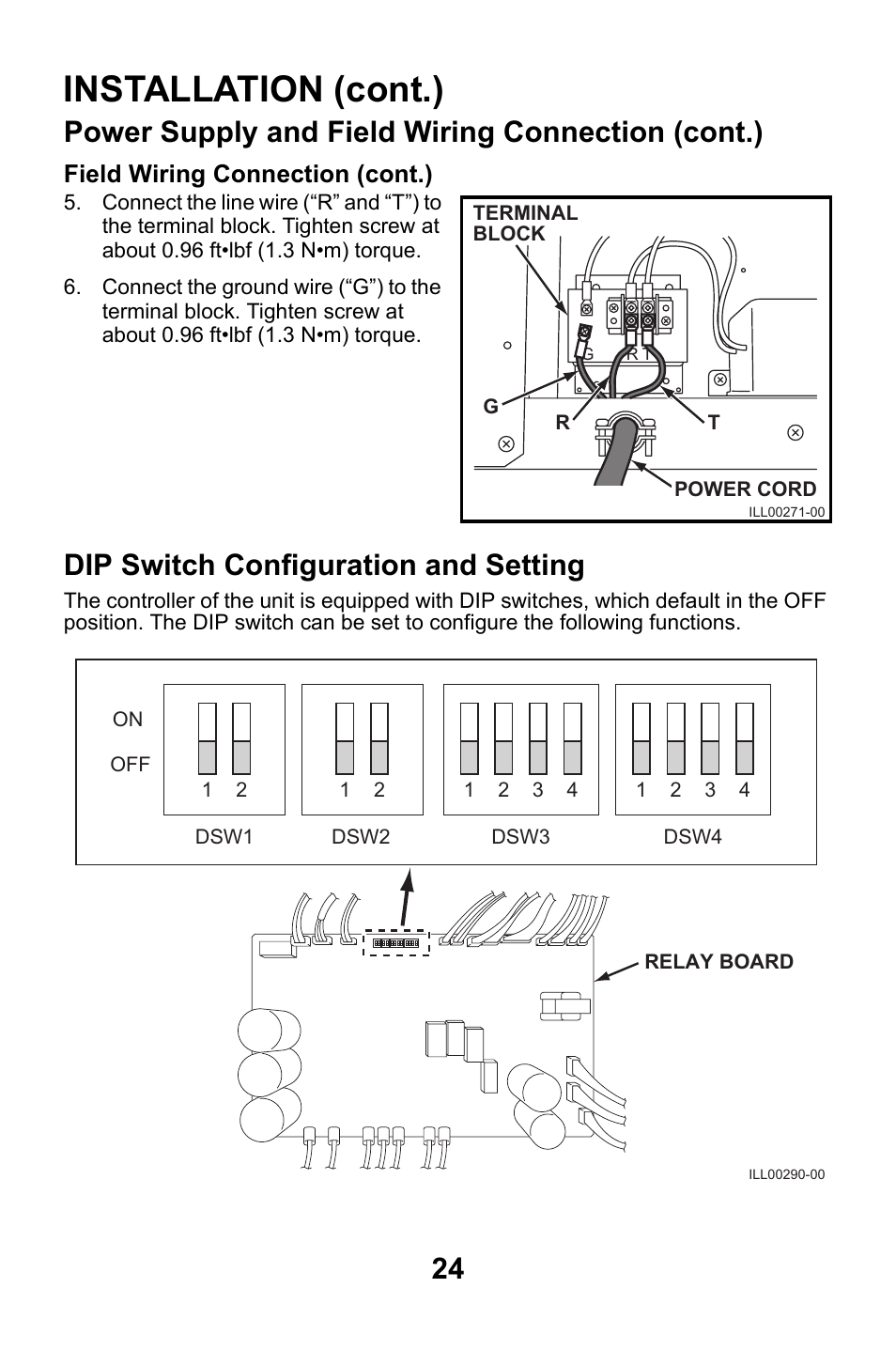 Dip switch configuration and setting, Installation (cont.), Power supply and field wiring connection (cont.) | Field wiring connection (cont.) | MovinCool CMW30 User Manual | Page 24 / 63