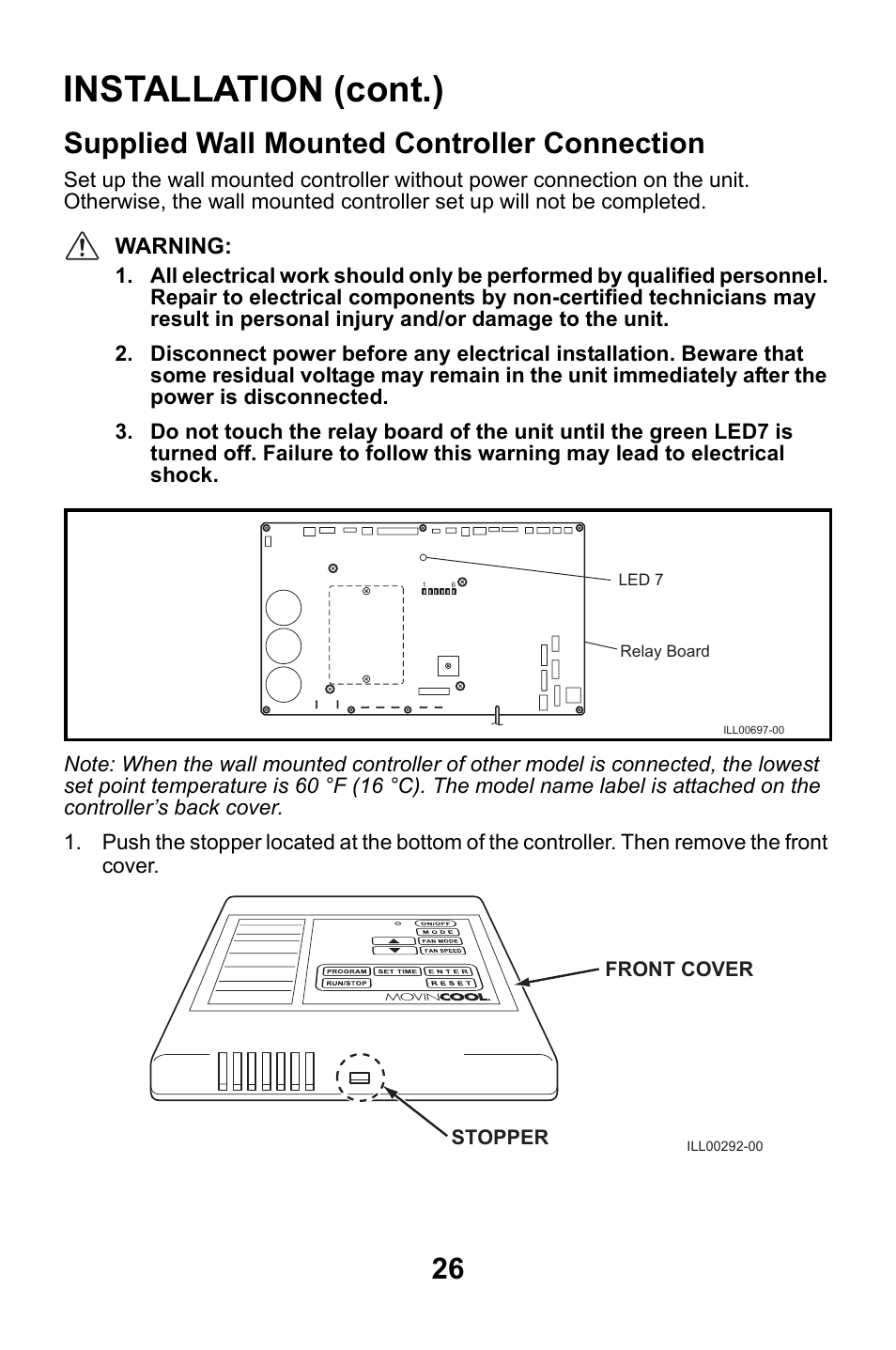 Supplied wall mounted controller connection, Installation (cont.) | MovinCool CMW30 User Manual | Page 26 / 63