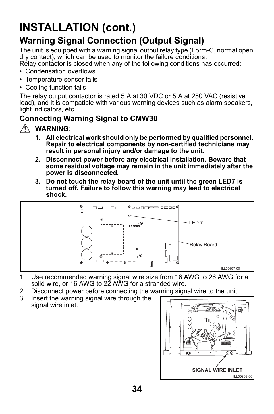 Warning signal connection (output signal), Installation (cont.), Connecting warning signal to cmw30 | MovinCool CMW30 User Manual | Page 34 / 63