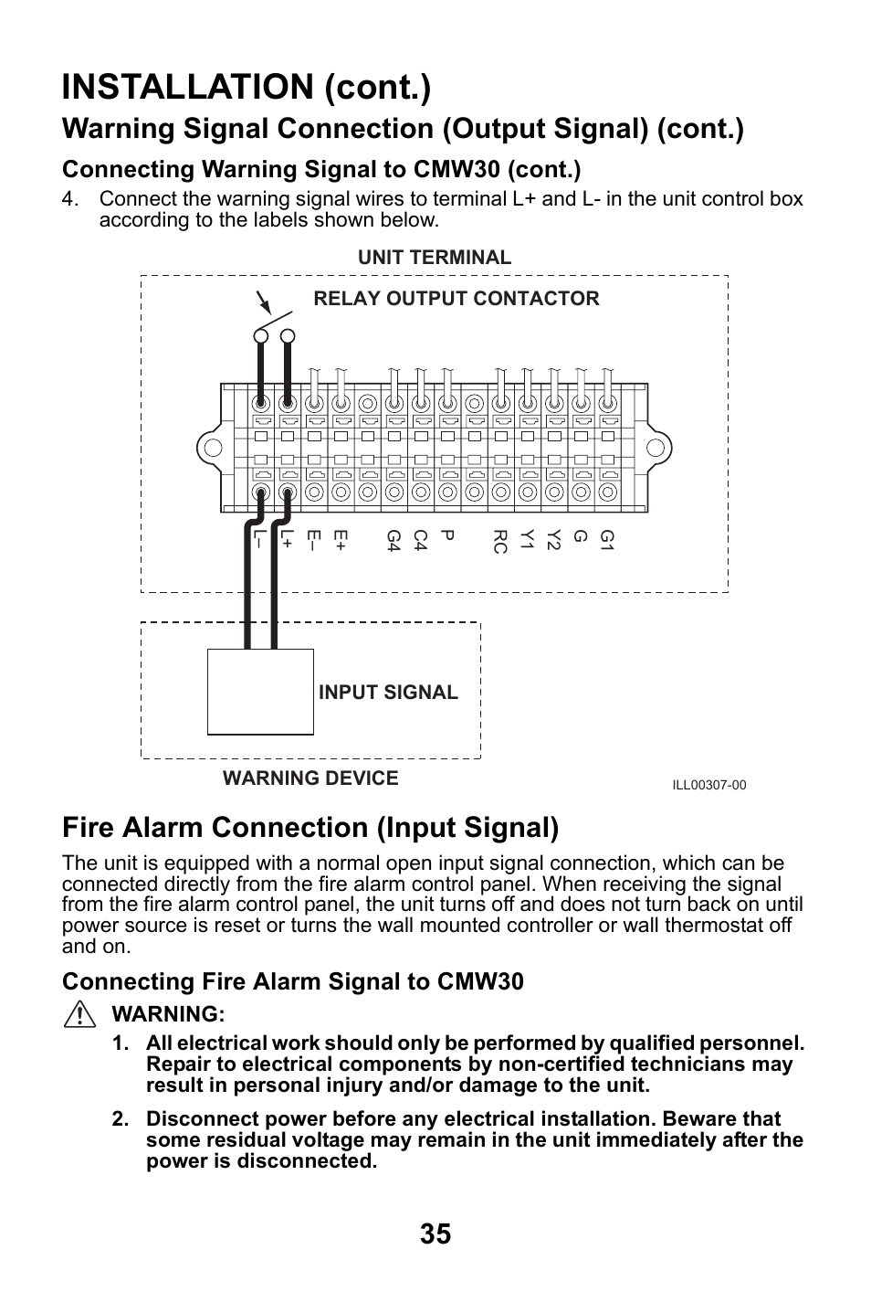 Fire alarm connection (input signal), Installation (cont.), Warning signal connection (output signal) (cont.) | Connecting warning signal to cmw30 (cont.), Connecting fire alarm signal to cmw30 | MovinCool CMW30 User Manual | Page 35 / 63