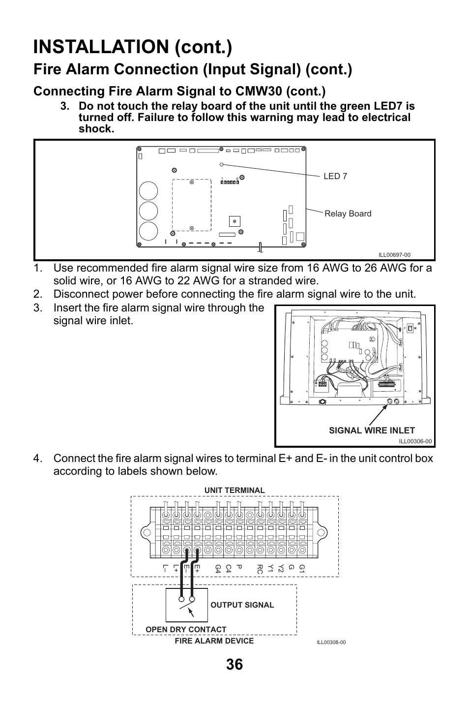 Installation (cont.), Fire alarm connection (input signal) (cont.), Connecting fire alarm signal to cmw30 (cont.) | MovinCool CMW30 User Manual | Page 36 / 63