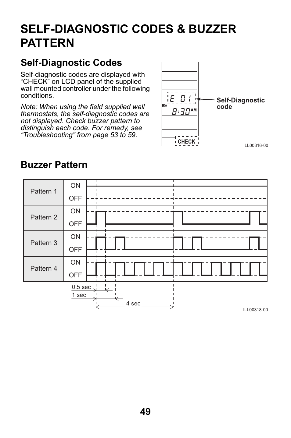 Self-diagnostic codes & buzzer pattern, Self-diagnostic codes, Buzzer pattern | Self-diagnostic codes buzzer pattern | MovinCool CMW30 User Manual | Page 49 / 63