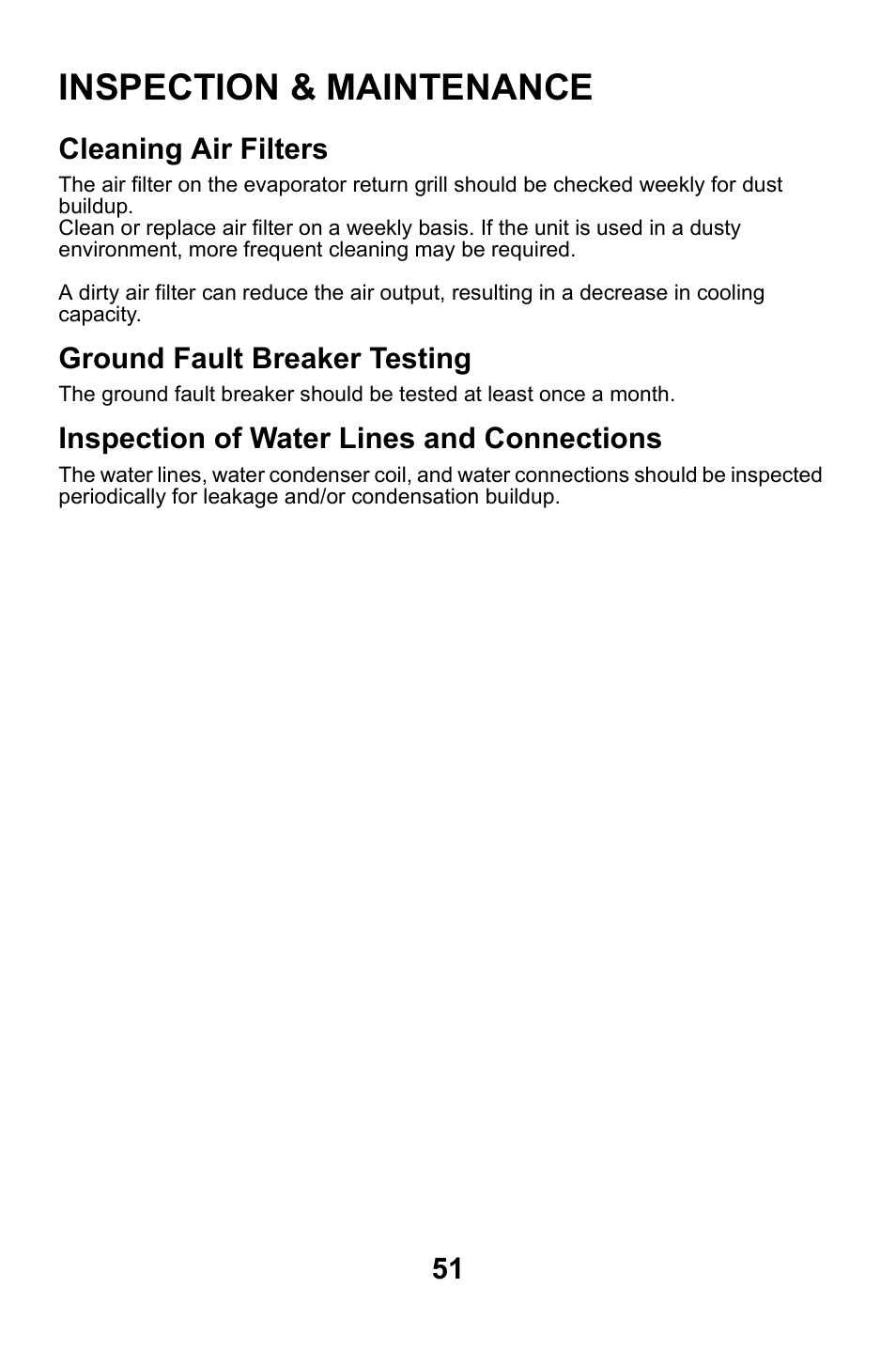 Inspection & maintenance, Cleaning air filters, Ground fault breaker testing | Inspection of water lines and connections | MovinCool CMW30 User Manual | Page 51 / 63