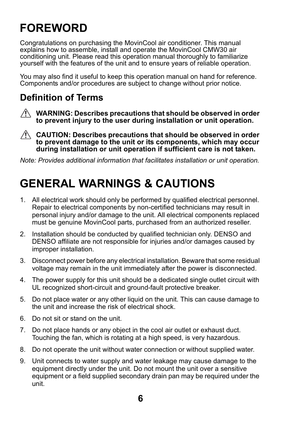 Foreword, Definition of terms, General warnings & cautions | MovinCool CMW30 User Manual | Page 6 / 63