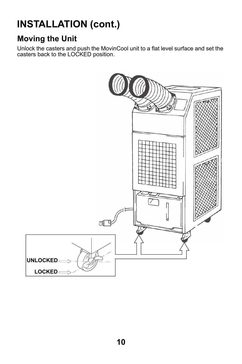 Moving the unit, Installation (cont.) | MovinCool Classic Plus 14 User Manual | Page 10 / 35