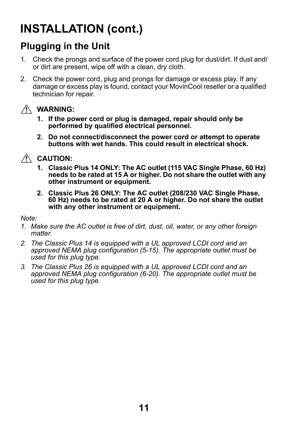 Plugging in the unit, Installation (cont.) | MovinCool Classic Plus 14 User Manual | Page 11 / 35
