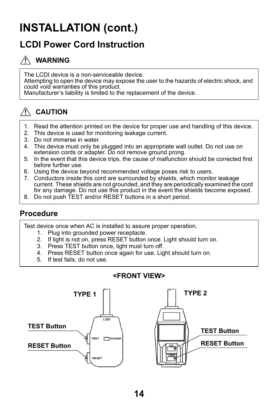 Lcdi power cord instruction, Installation (cont.), Procedure | MovinCool Classic Plus 14 User Manual | Page 14 / 35