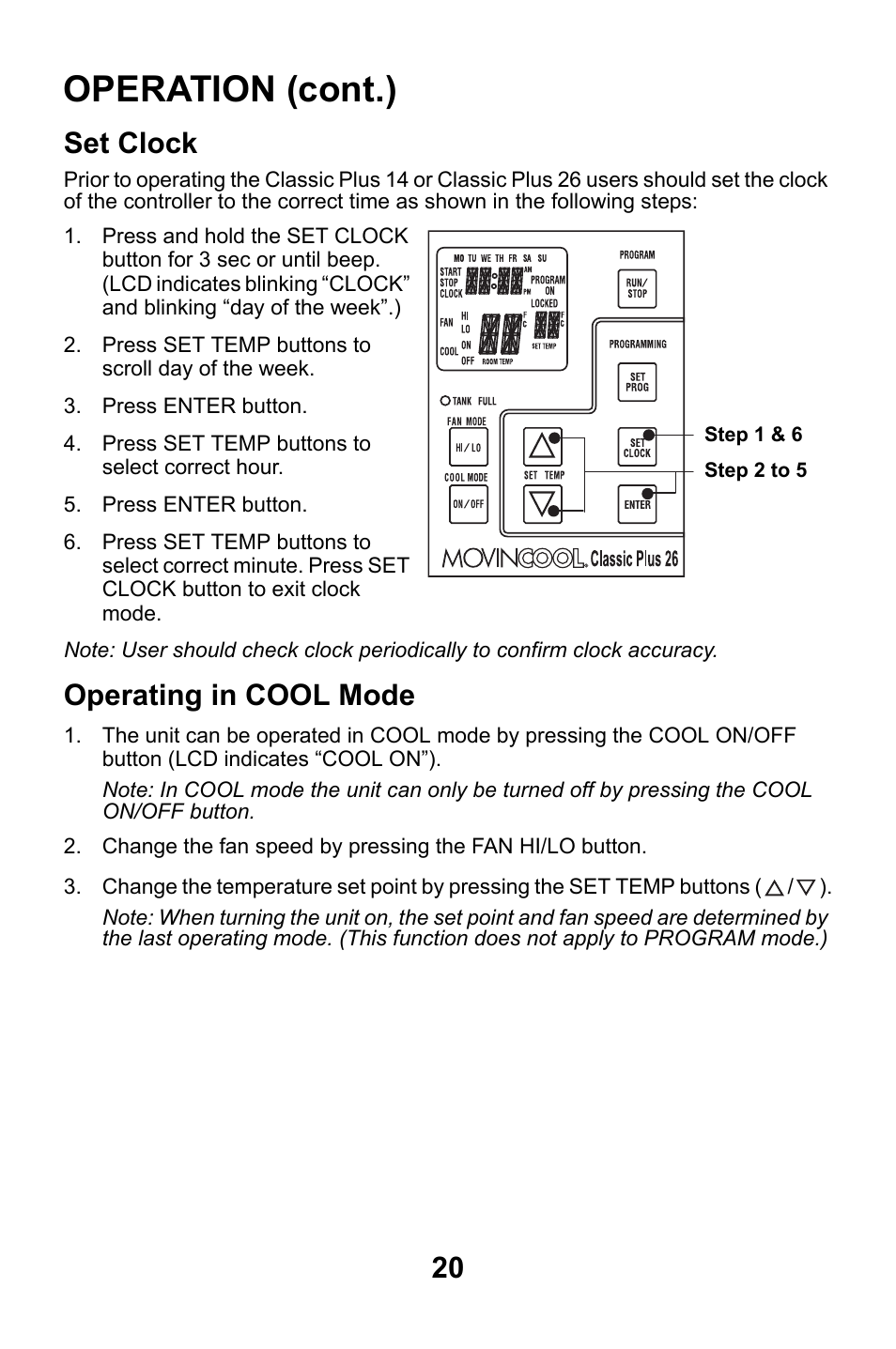 Set clock, Operating in cool mode, Set clock operating in cool mode | Operation (cont.) | MovinCool Classic Plus 14 User Manual | Page 20 / 35