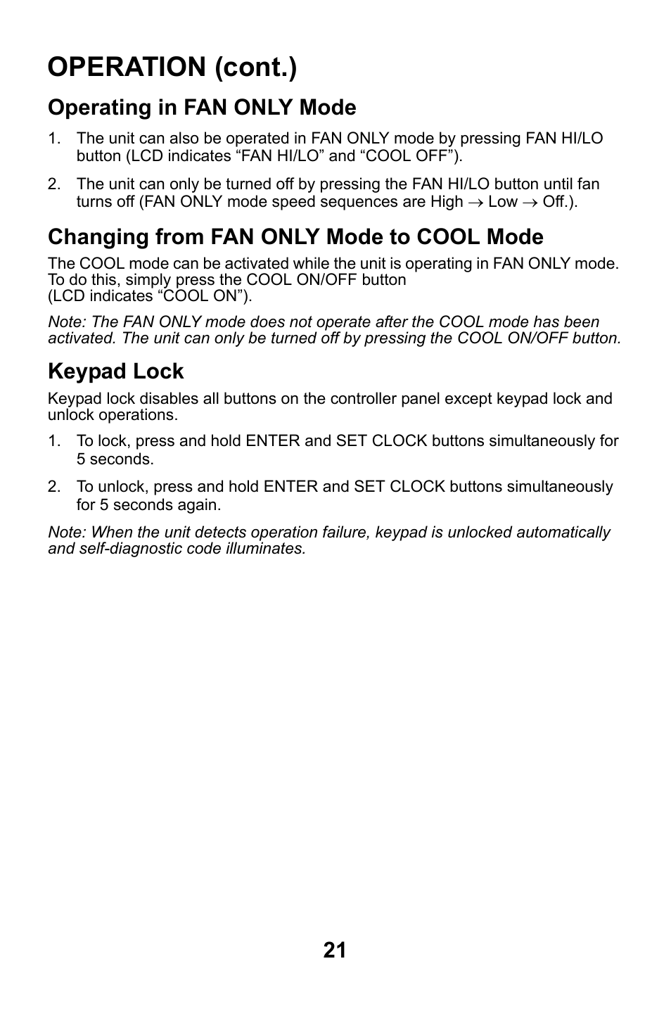 Operating in fan only mode, Changing from fan only mode to cool mode, Keypad lock | Operation (cont.) | MovinCool Classic Plus 14 User Manual | Page 21 / 35