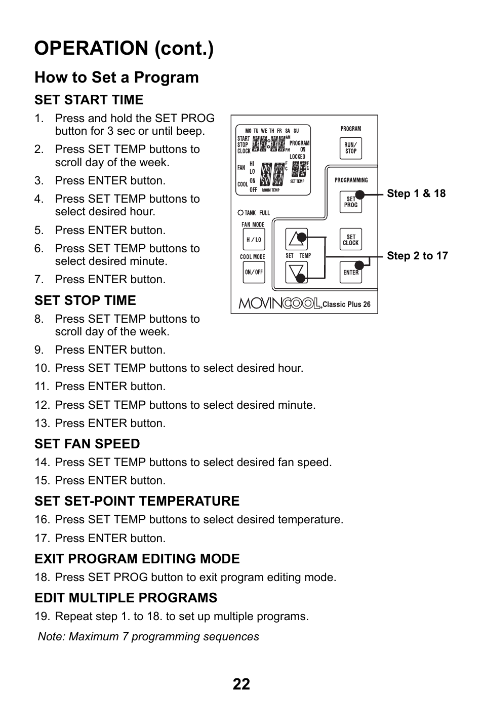 How to set a program, Operation (cont.) | MovinCool Classic Plus 14 User Manual | Page 22 / 35