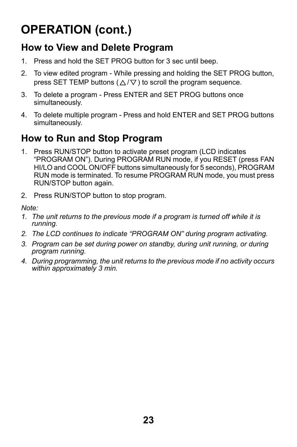 How to view and delete program, How to run and stop program, Operation (cont.) | MovinCool Classic Plus 14 User Manual | Page 23 / 35