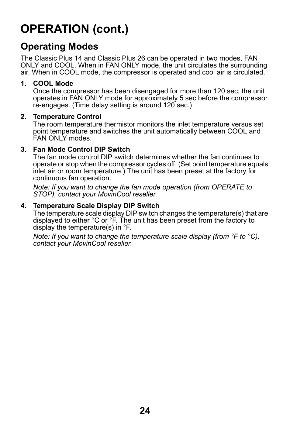 Operating modes, Operation (cont.) | MovinCool Classic Plus 14 User Manual | Page 24 / 35