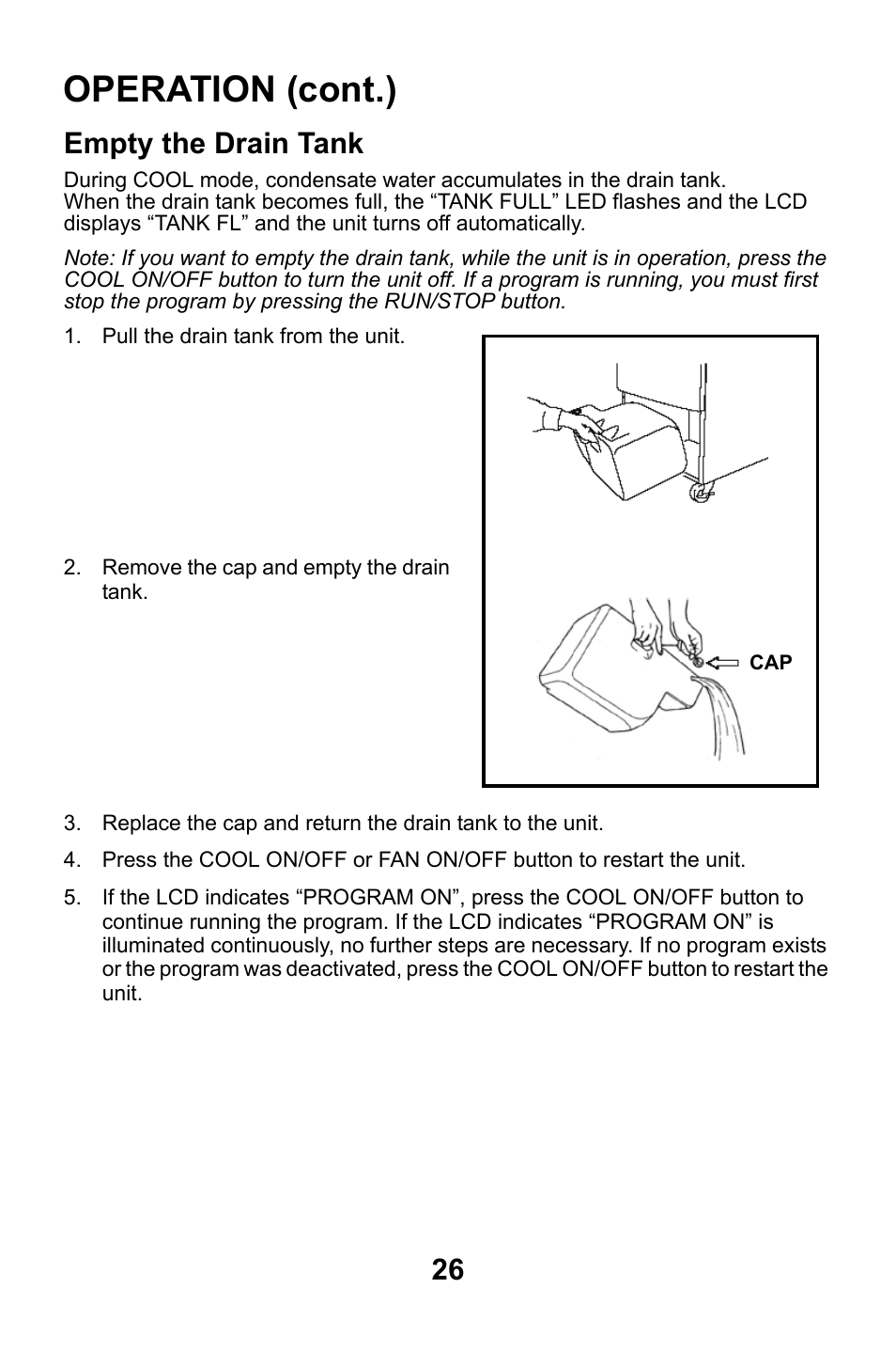 Empty the drain tank, Operation (cont.) | MovinCool Classic Plus 14 User Manual | Page 26 / 35