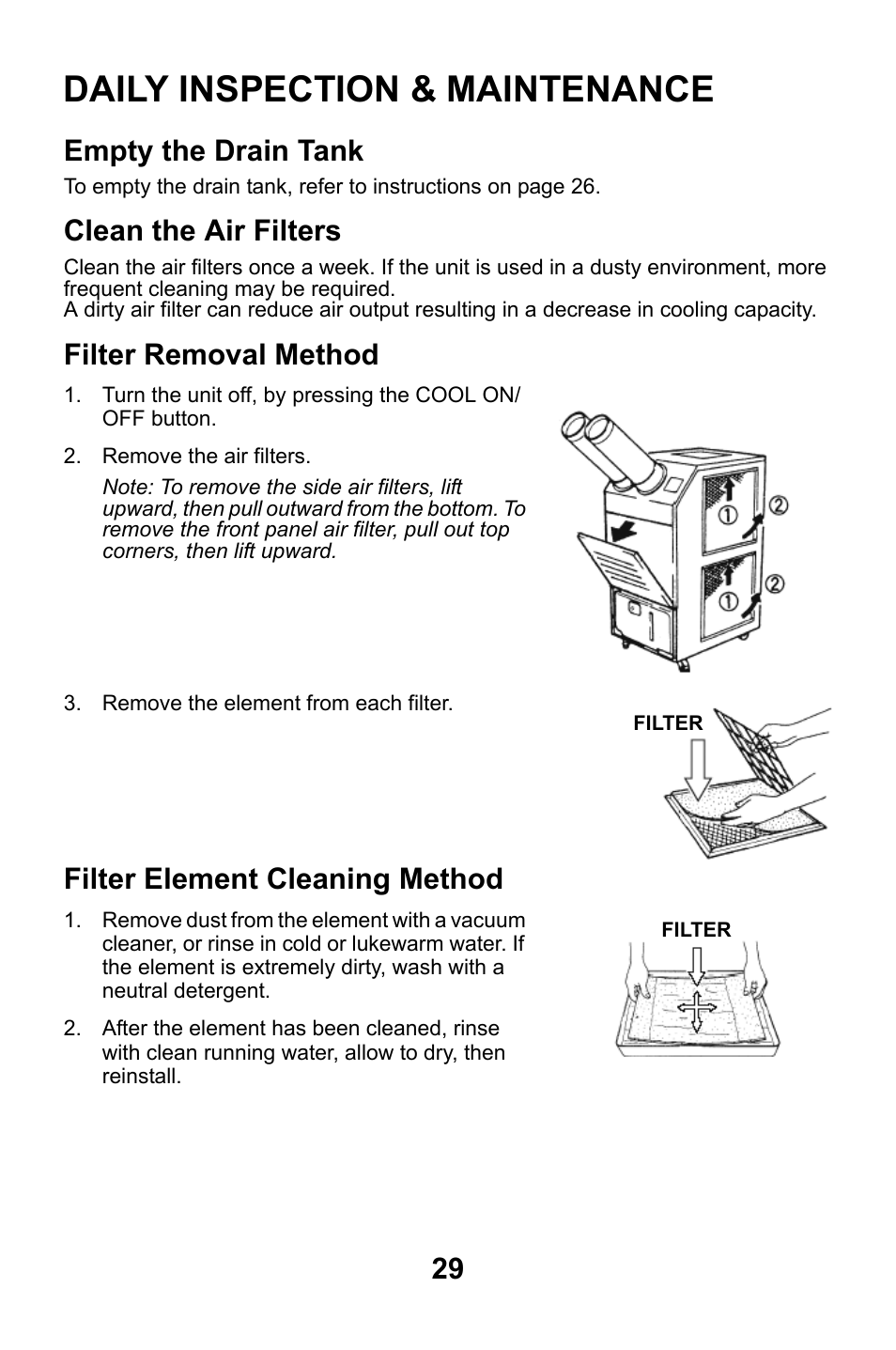 Daily inspection & maintenance, Empty the drain tank, Clean the air filters | Filter removal method, Filter element cleaning method | MovinCool Classic Plus 14 User Manual | Page 29 / 35