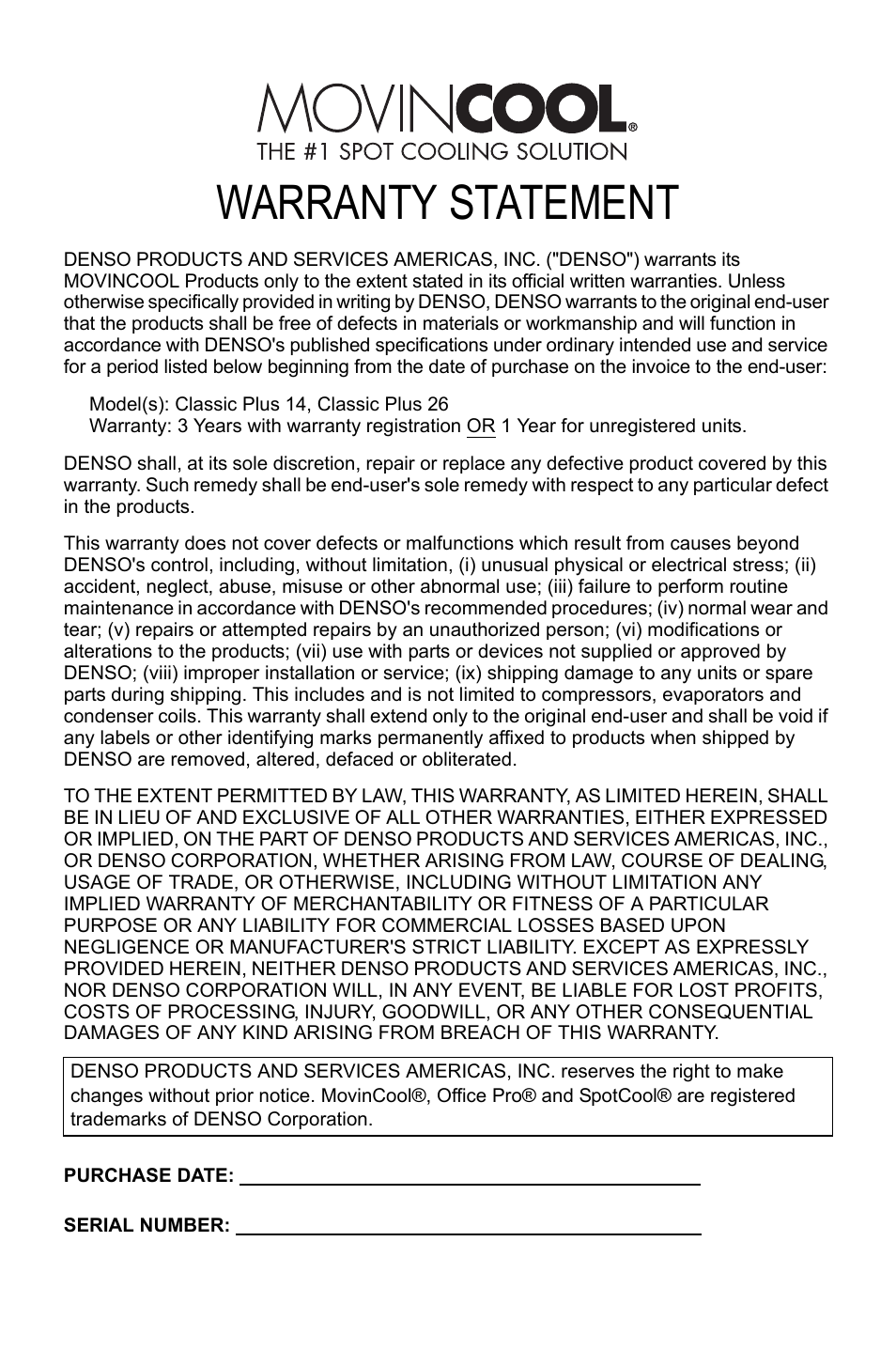 Warranty statement | MovinCool Classic Plus 14 User Manual | Page 34 / 35