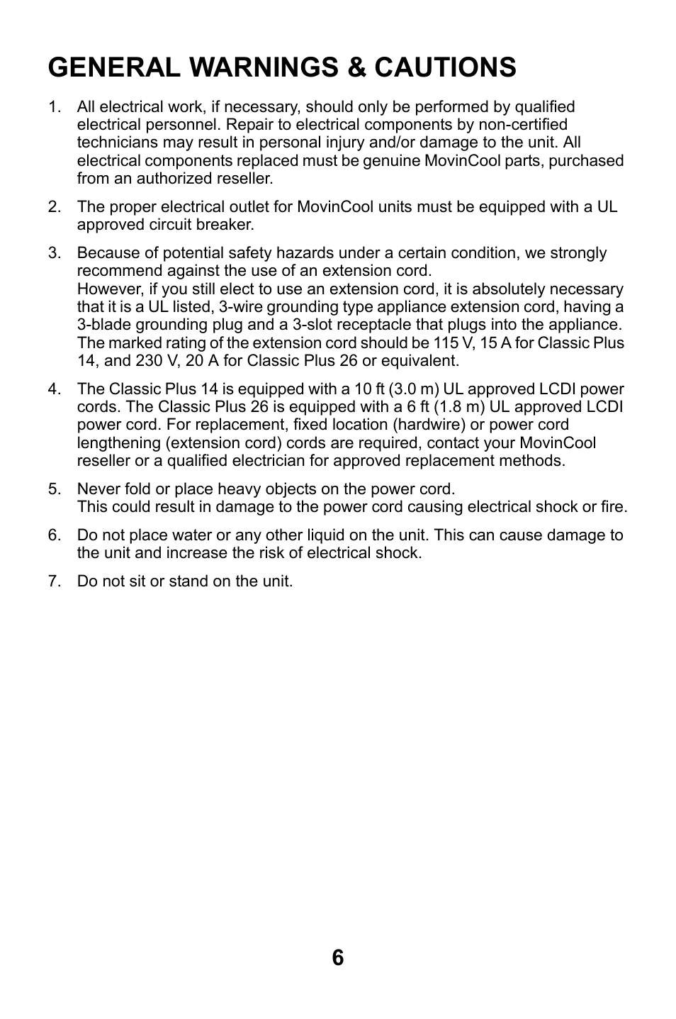 General warnings & cautions | MovinCool Classic Plus 14 User Manual | Page 6 / 35