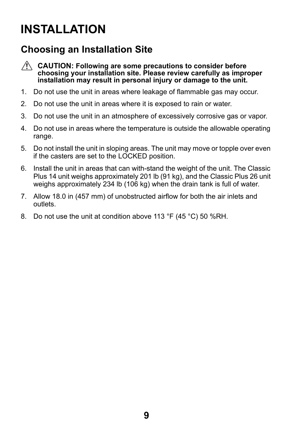 Installation, Choosing an installation site | MovinCool Classic Plus 14 User Manual | Page 9 / 35