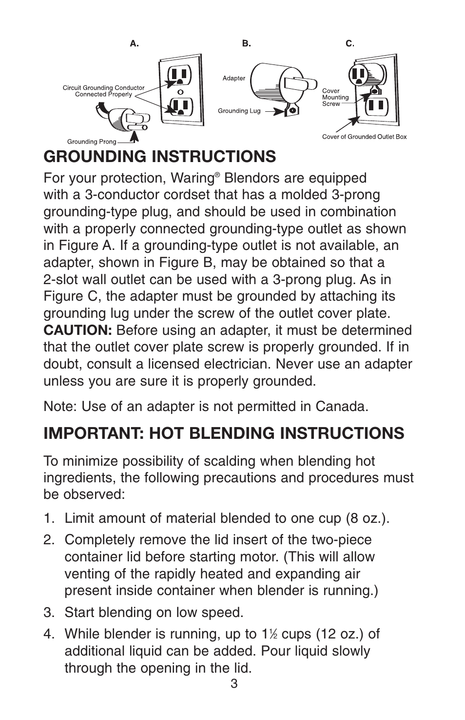 Grounding instructions, Important: hot blending instructions | Conair RB70 User Manual | Page 4 / 14