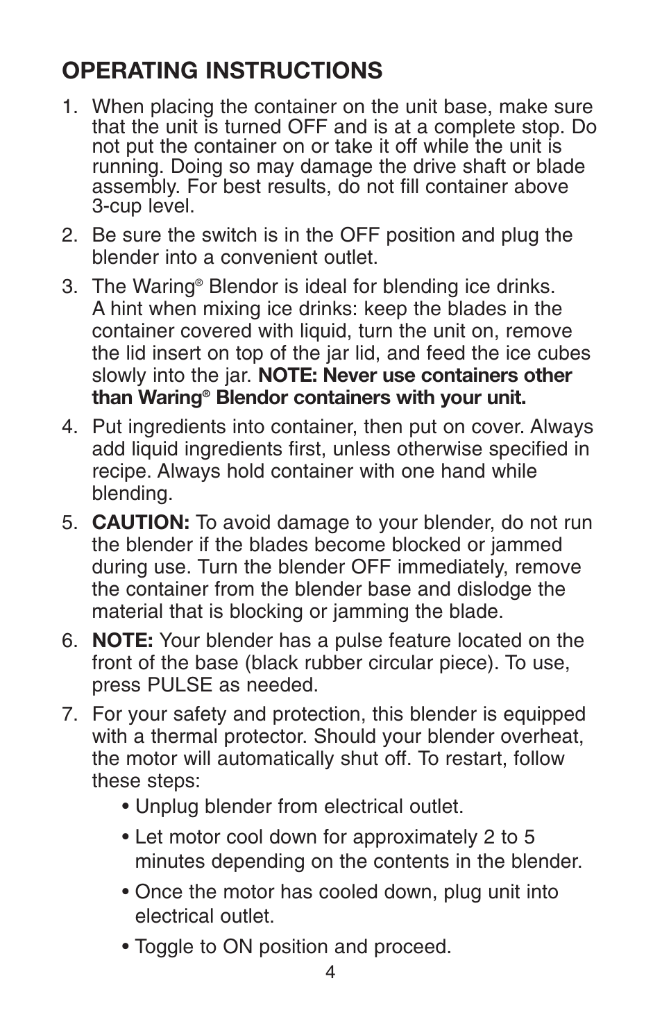 Operating instructions | Conair RB70 User Manual | Page 5 / 14