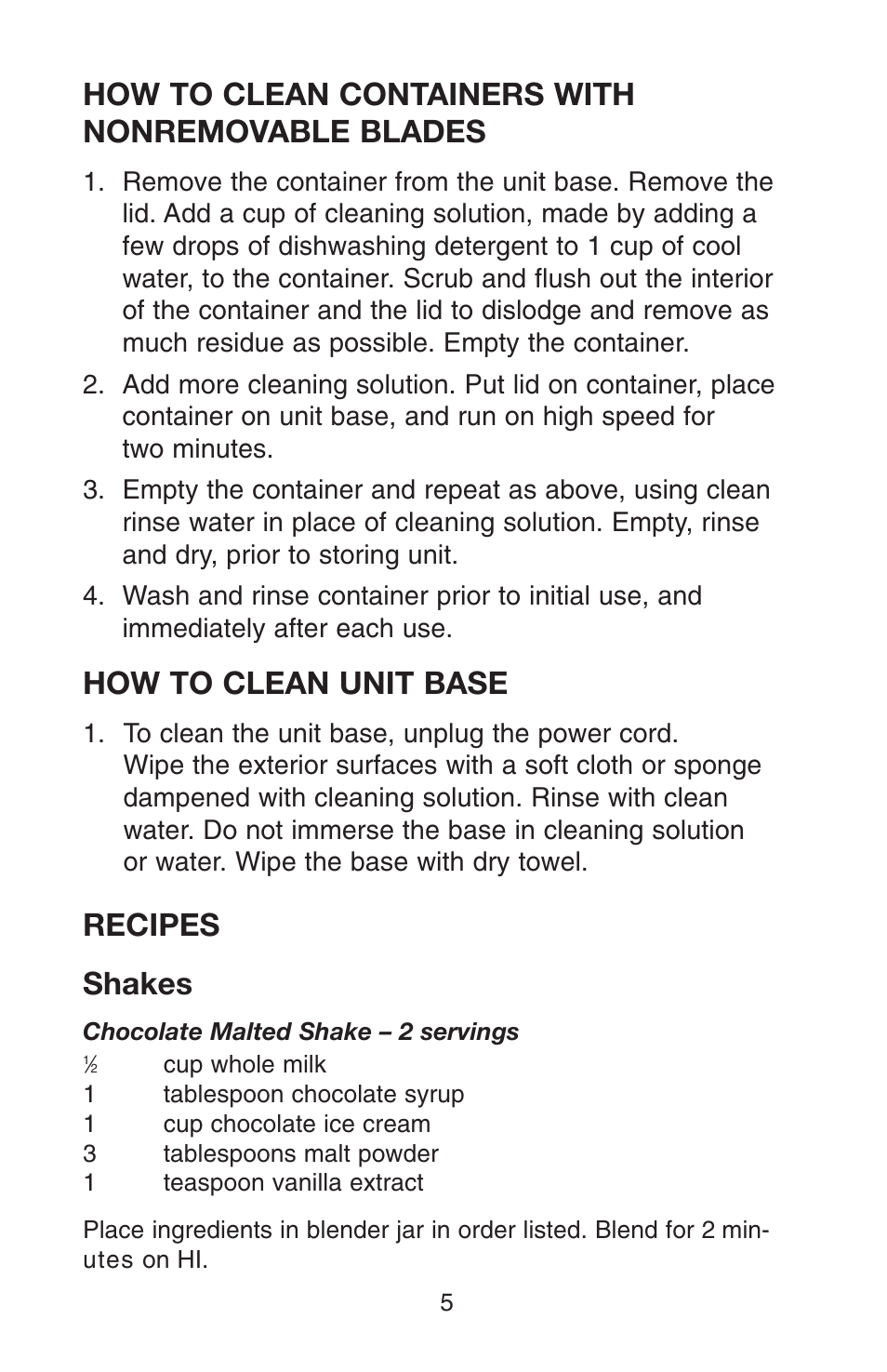 How to clean containers with nonremovable blades, How to clean unit base, Recipes shakes | Conair RB70 User Manual | Page 6 / 14